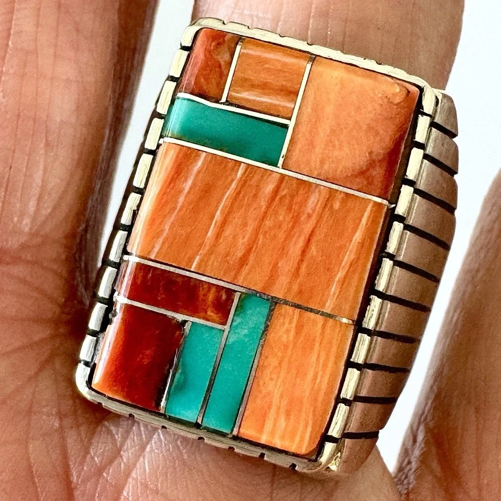 Turquoise Multi Stone Inlay Mens Ring Sz‎ 12 Navajo Sterling Signed T Jack 25mm